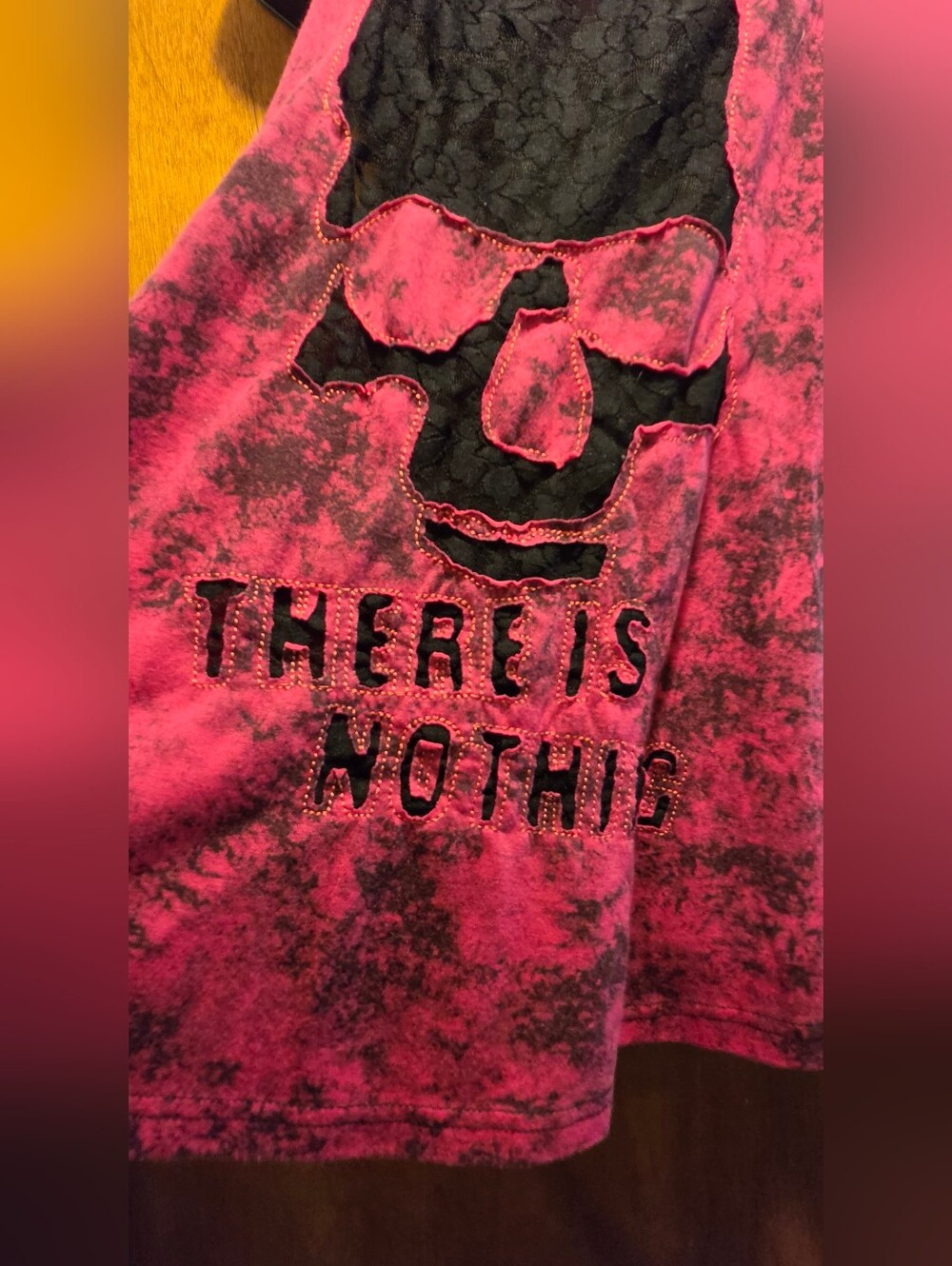 Other Mix Pink Tie-Dye Skull Tank Top with Black Lace Inset SzL - Picture 3 of 7